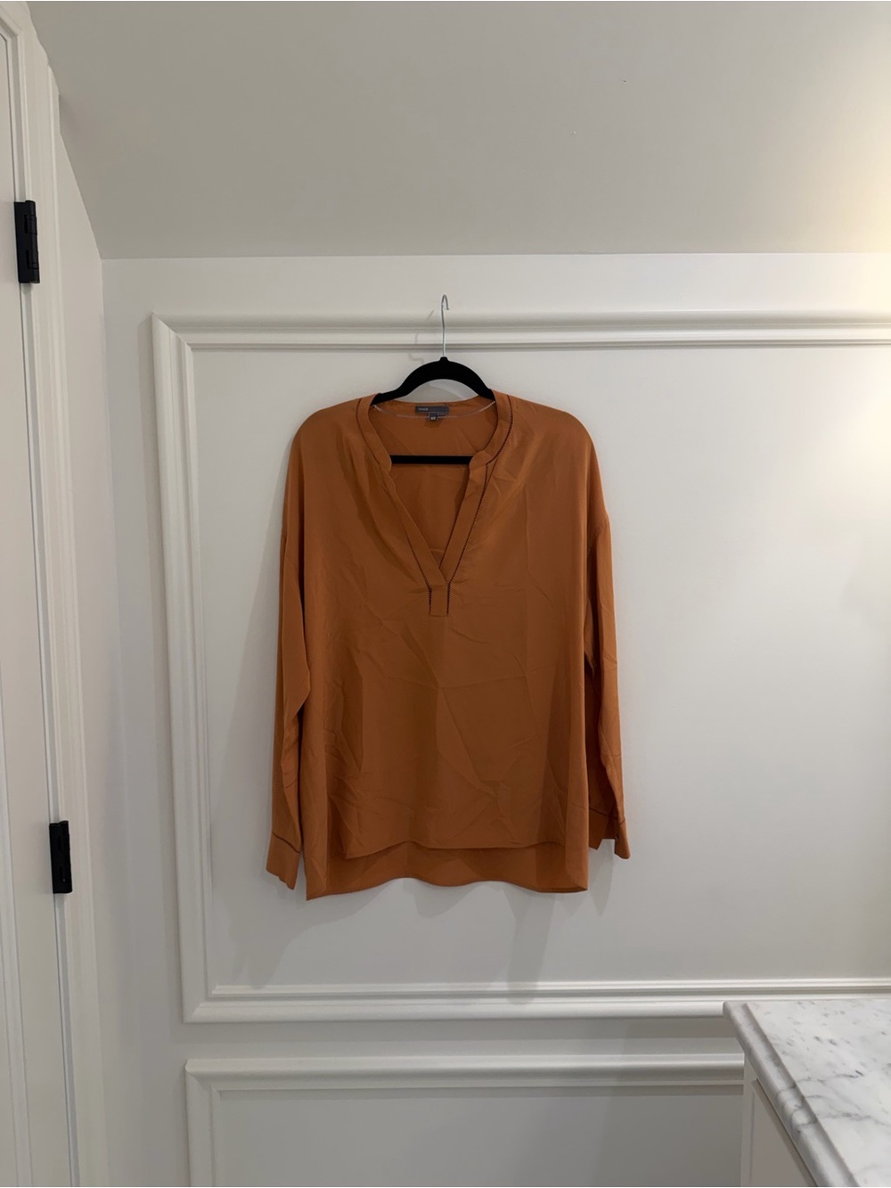 Vince Burnt Orange V-Neck Tunic Blouse 100% silk